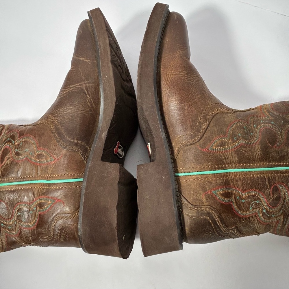 Justin Boots Brown Leather Western Boots with Turquoise Trim - Picture 14 of 16
